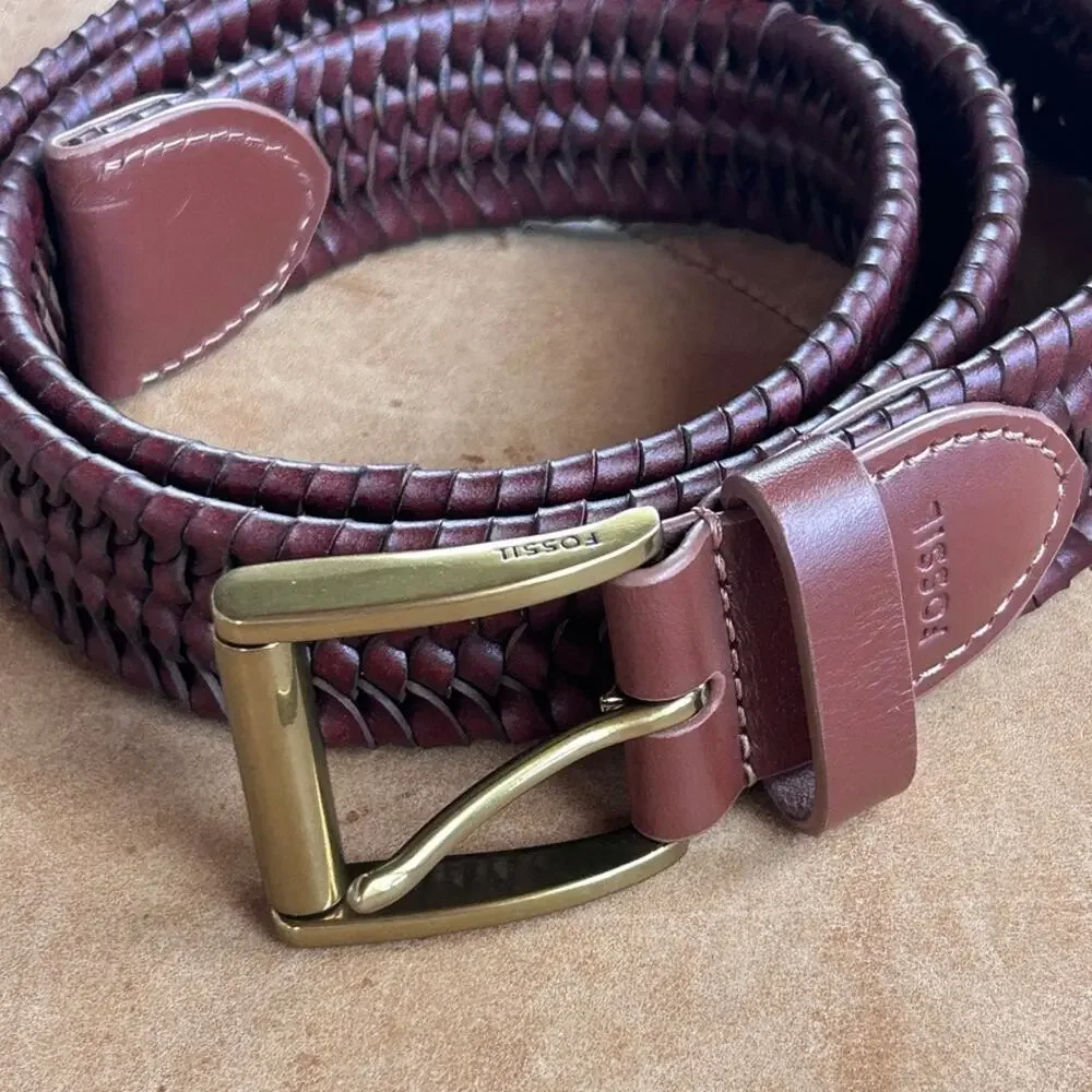 Fossil Maddox Genuine Leather Woven Belt Brown Solid Brass Buckle Western 38